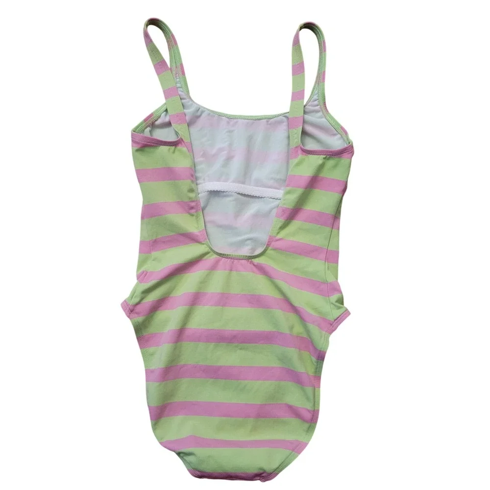 Vintage Ralph Lauren Sport 10 Swimsuit Pink Green Stripe Pony Logo USA Beach
